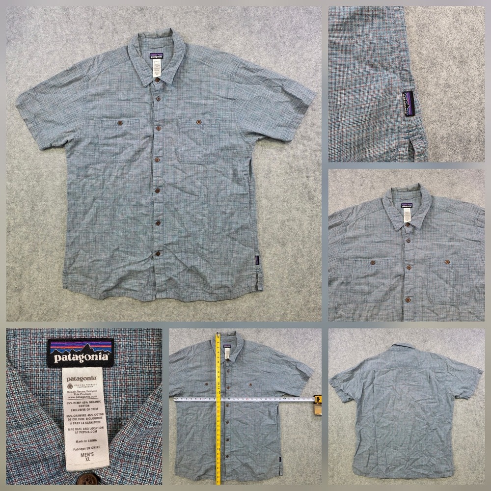 Patagonia Shirt Men XL Blue Migration Hemp Organic Cotton Short Sleeve Button Up